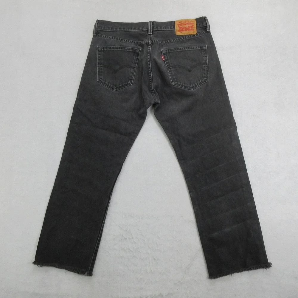Levis 501 Mens 33x26 Black Jeans Button Fly Raw Hem Cropped